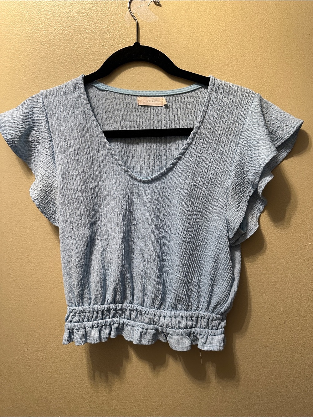 Lush Light Blue Crinkle V-Neck Ruffle Crop Top